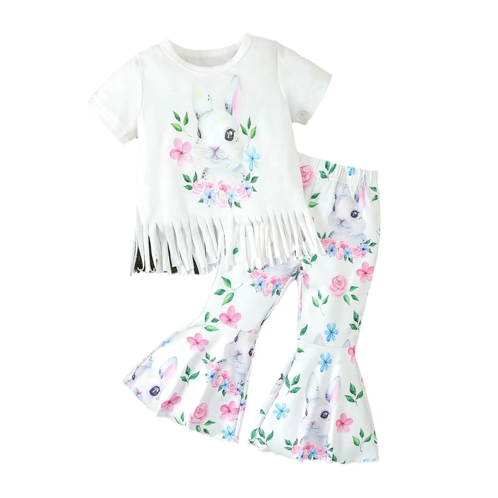 2 Pieces Set Baby Kid Girls Easter Flower Animals Print Tops And Pants Wholesale 24030192