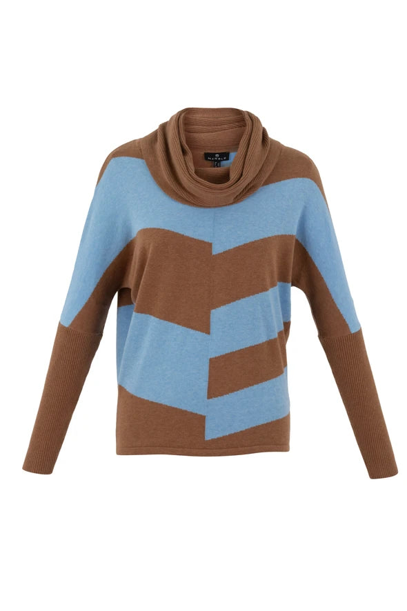 7204-Cowl Neck Jumper w/Stripe-Tobacco-Marble