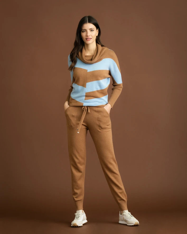 7204-Cowl Neck Jumper w/Stripe-Tobacco-Marble