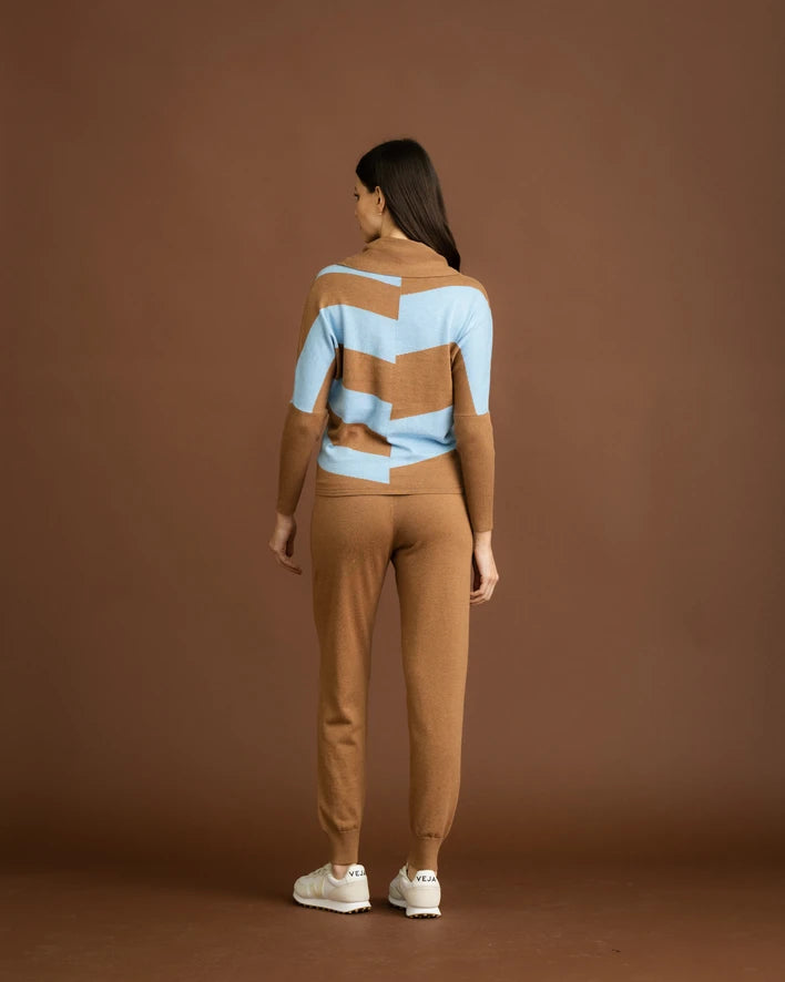 7204-Cowl Neck Jumper w/Stripe-Tobacco-Marble