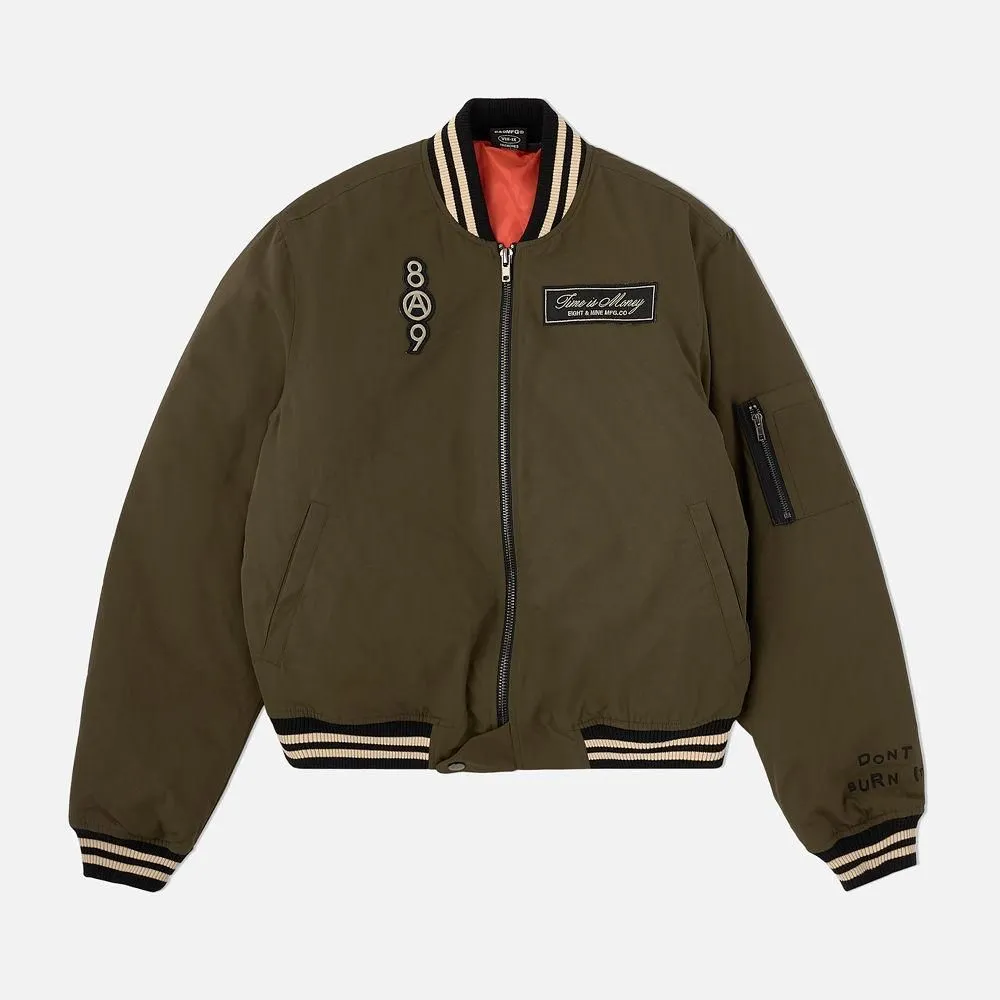 8&9 MFG Co.  Burning Time Bomber Jacket Olive