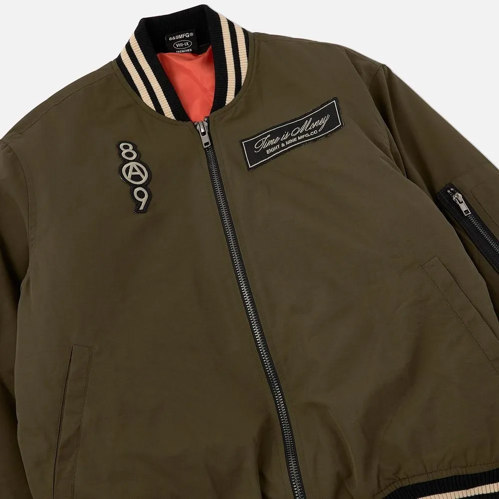 8&9 MFG Co.  Burning Time Bomber Jacket Olive