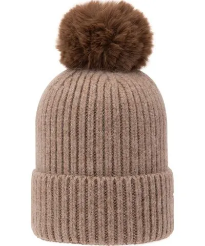 At Last... Women's Brown Super Soft Chunky Cashmere Hat With Pom Pom In Taupe