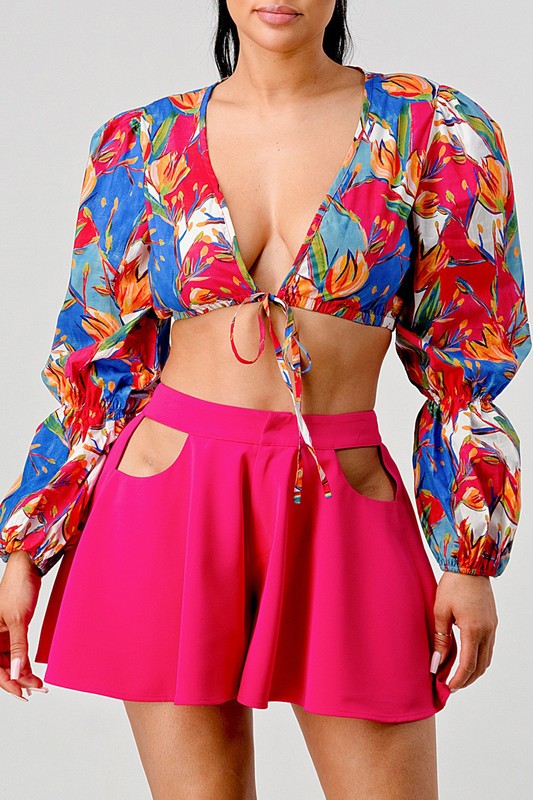 Athina crop printed top and cutout pants set