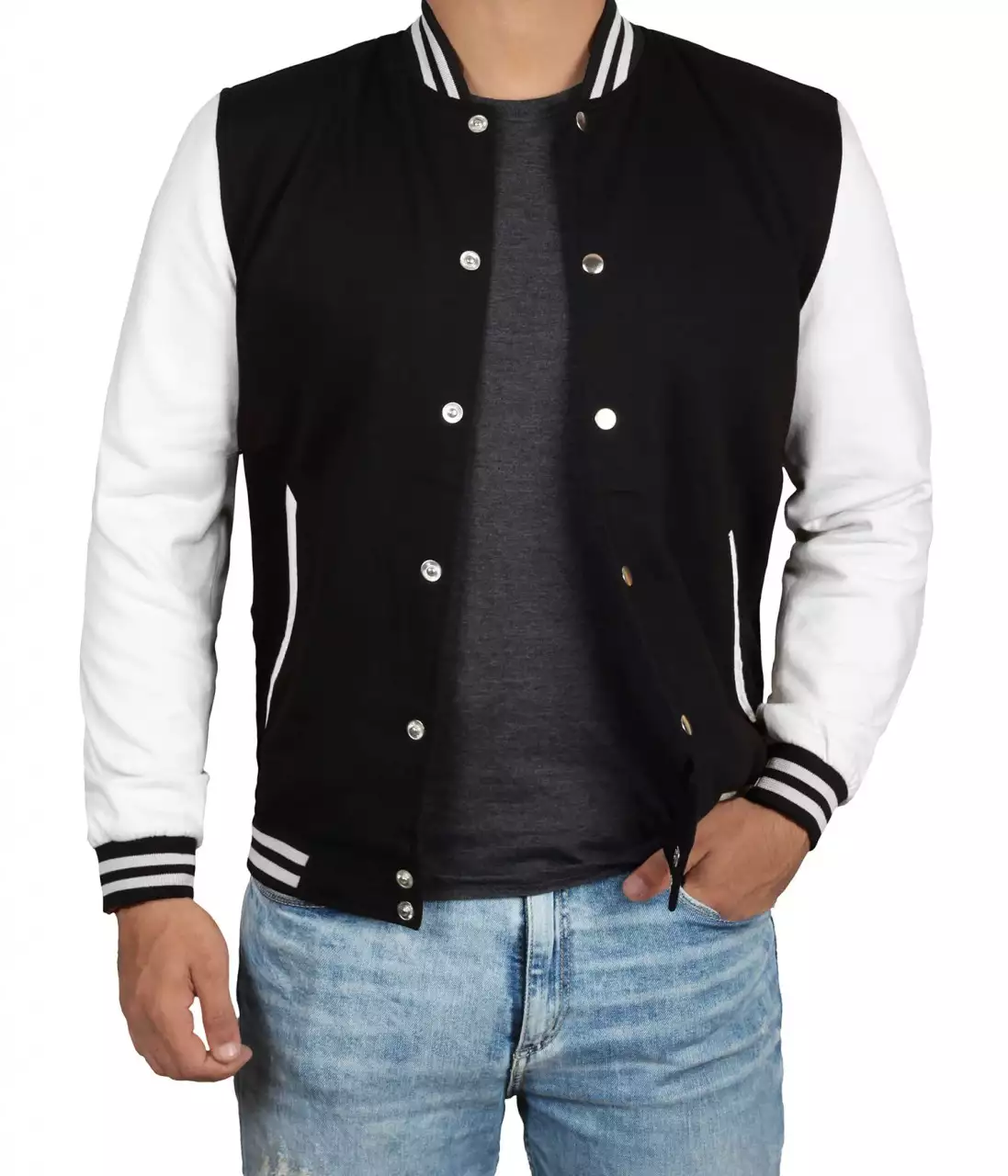 Black and White Men's Letterman Jacket - Baseball Bomber Style