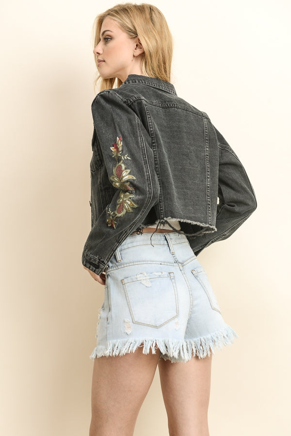 Black Embroidered Distressed Denim Jacket