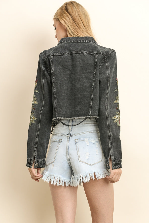 Black Embroidered Distressed Denim Jacket