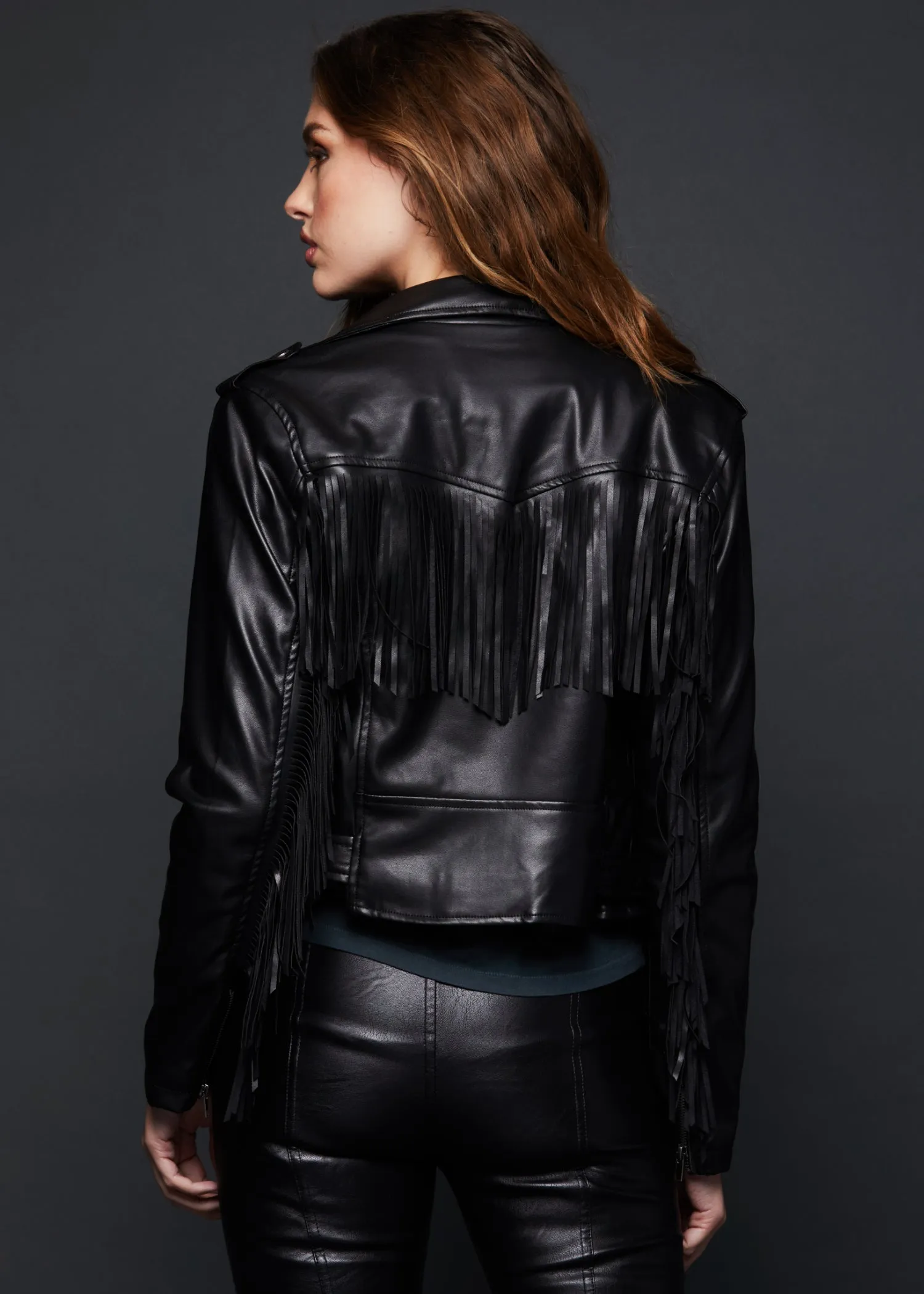 Black Faux Leather Fringe Moto Jacket