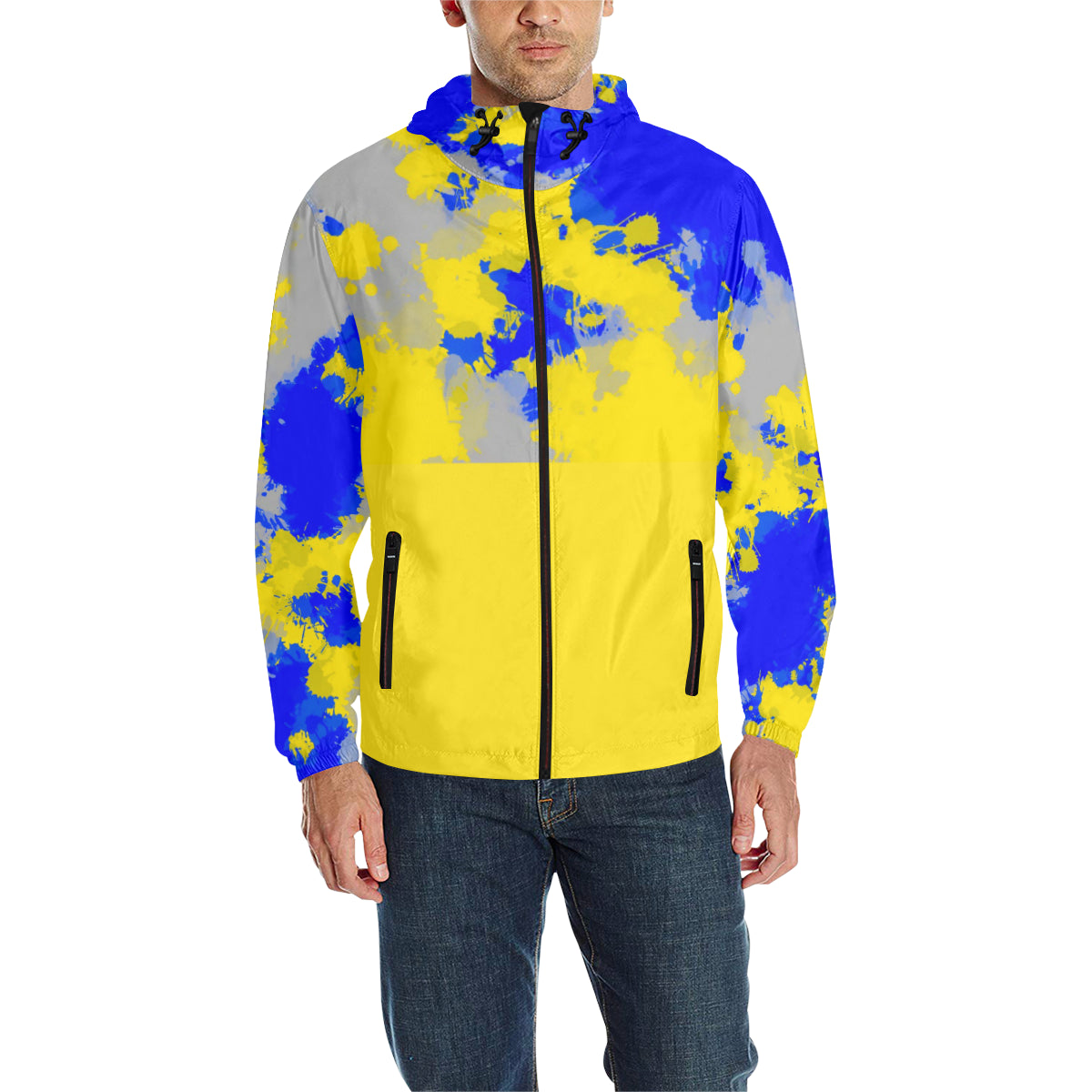 Blue and Yellow Paint Splatter Quilted Windbreaker