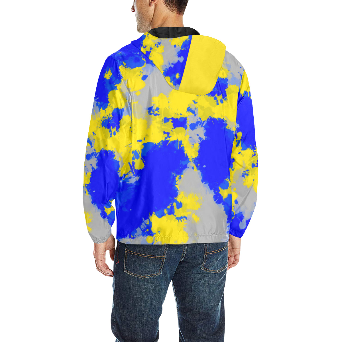 Blue and Yellow Paint Splatter Quilted Windbreaker