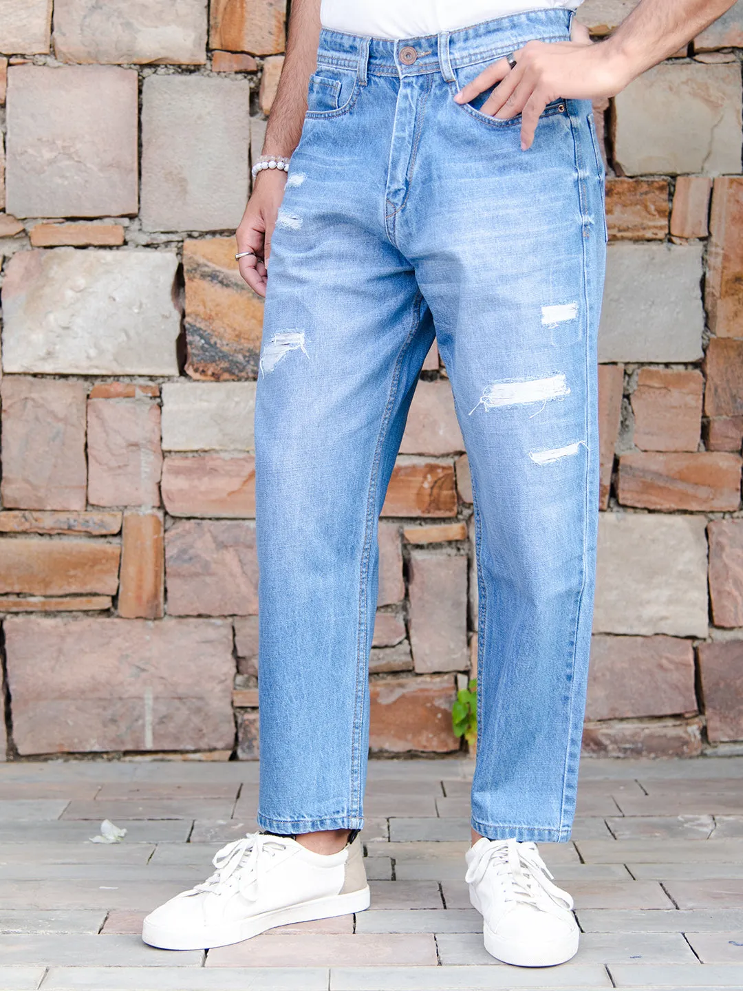 Blue Ripped Baggy Fit Denim Jeans