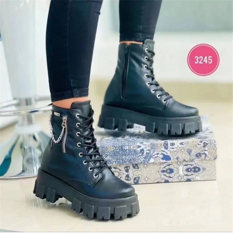 Boots Patent Leather Zipper Warm Punk Gothic Combat Boots Lace Up