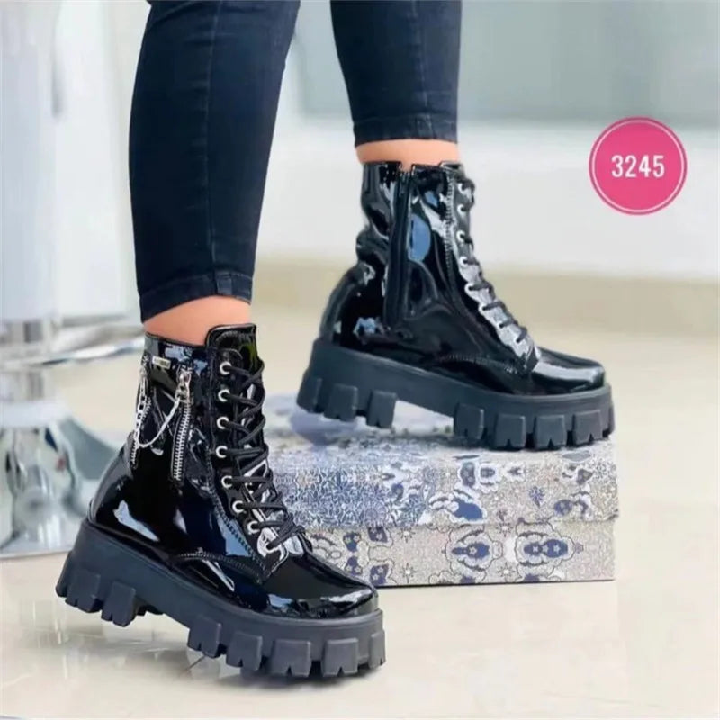 Boots Patent Leather Zipper Warm Punk Gothic Combat Boots Lace Up