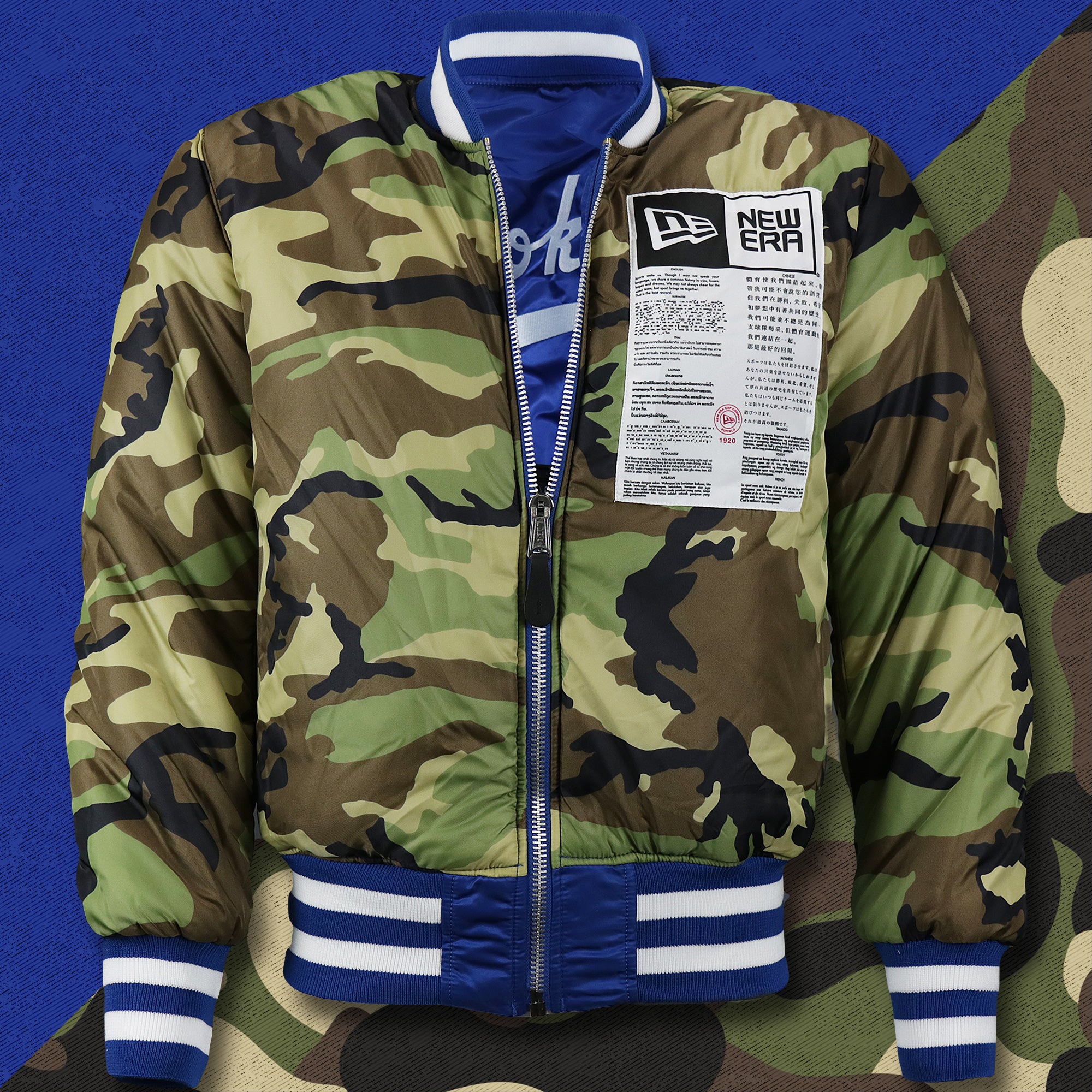 Cooperstown Brooklyn Dodgers MLB Patch Alpha Industries Reversible Bomber Jacket With Camo Liner | Royal Blue Bomber Jacket