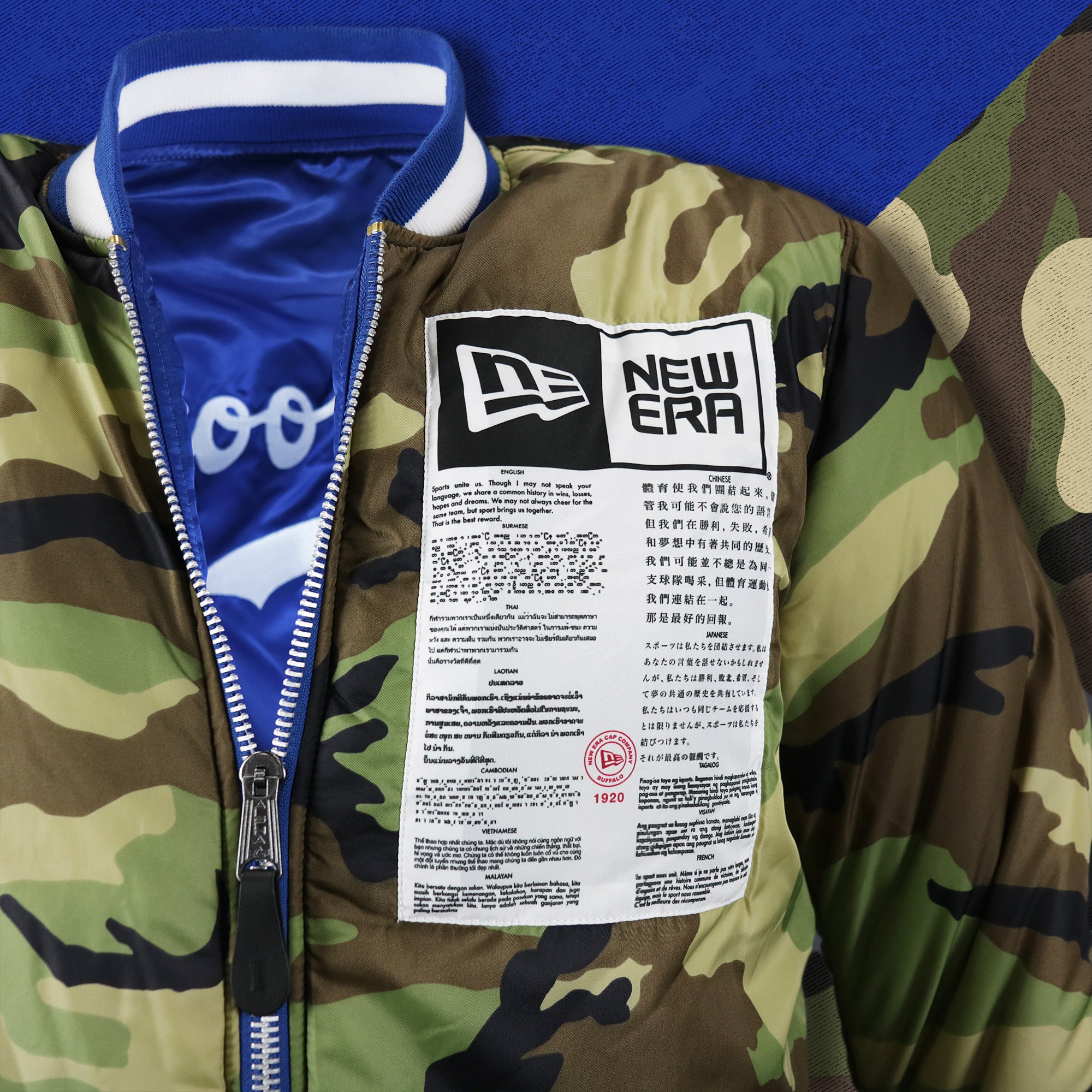 Cooperstown Brooklyn Dodgers MLB Patch Alpha Industries Reversible Bomber Jacket With Camo Liner | Royal Blue Bomber Jacket