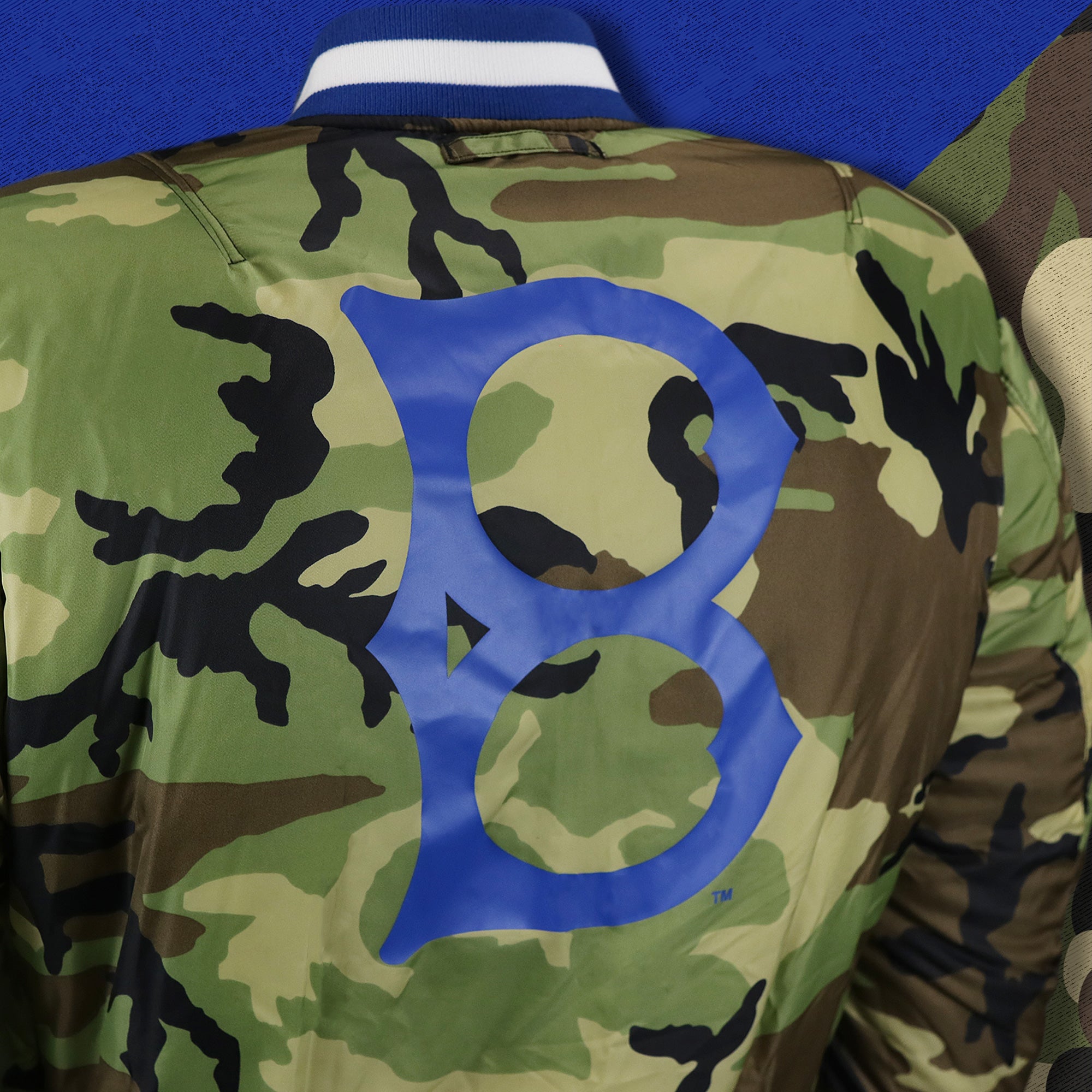 Cooperstown Brooklyn Dodgers MLB Patch Alpha Industries Reversible Bomber Jacket With Camo Liner | Royal Blue Bomber Jacket