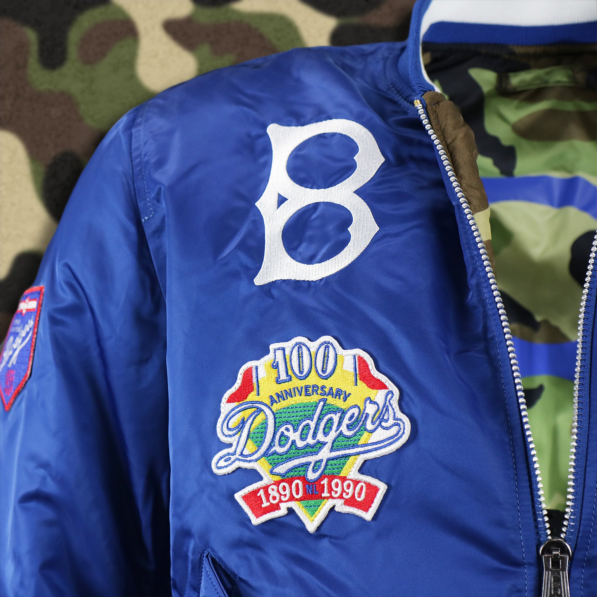 Cooperstown Brooklyn Dodgers MLB Patch Alpha Industries Reversible Bomber Jacket With Camo Liner | Royal Blue Bomber Jacket