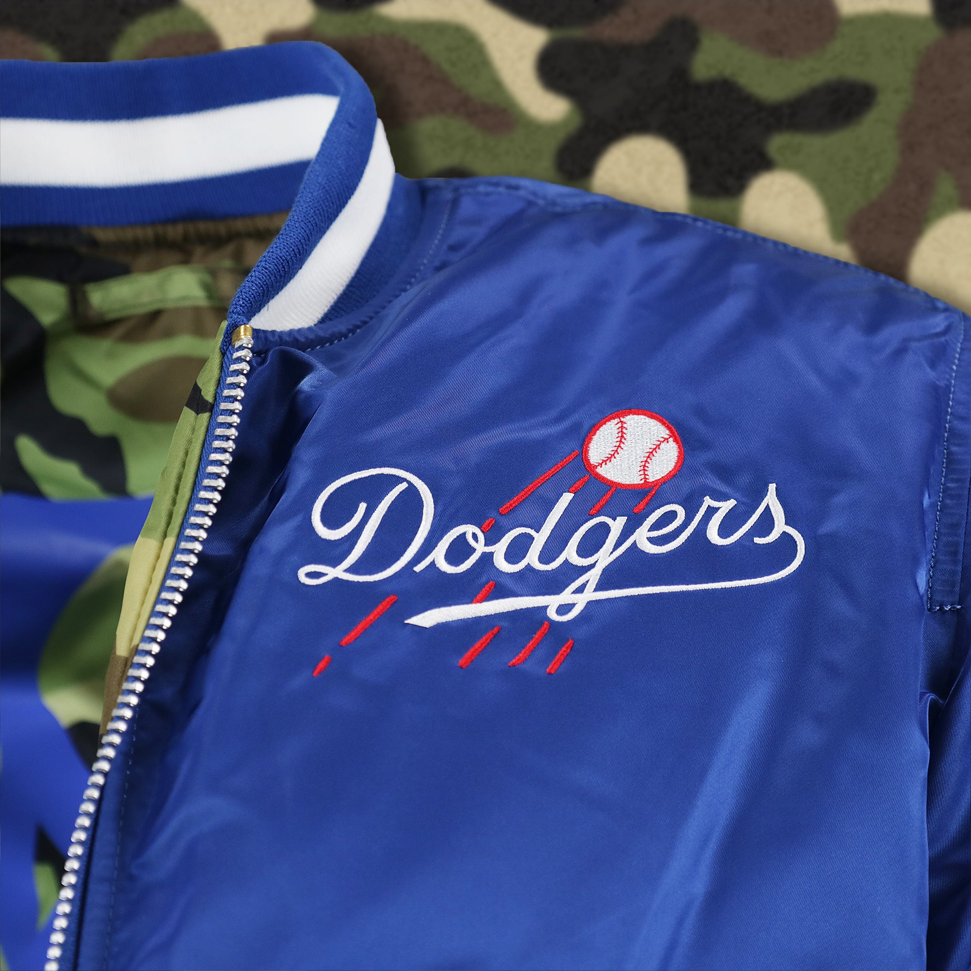 Cooperstown Brooklyn Dodgers MLB Patch Alpha Industries Reversible Bomber Jacket With Camo Liner | Royal Blue Bomber Jacket