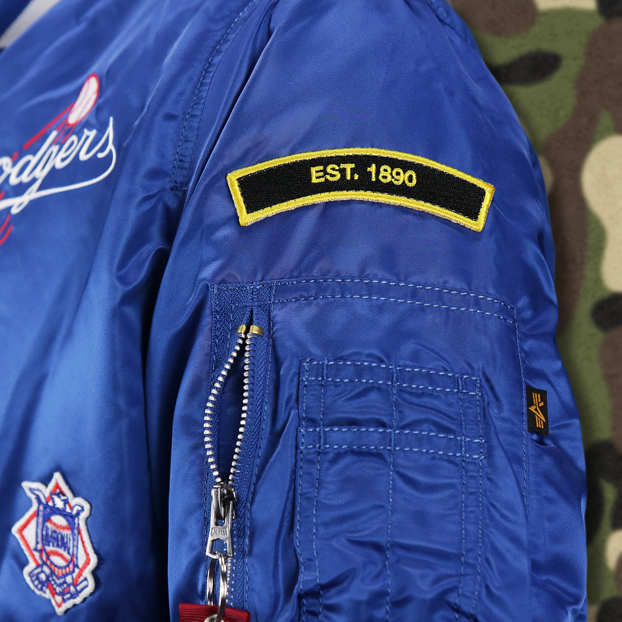 Cooperstown Brooklyn Dodgers MLB Patch Alpha Industries Reversible Bomber Jacket With Camo Liner | Royal Blue Bomber Jacket