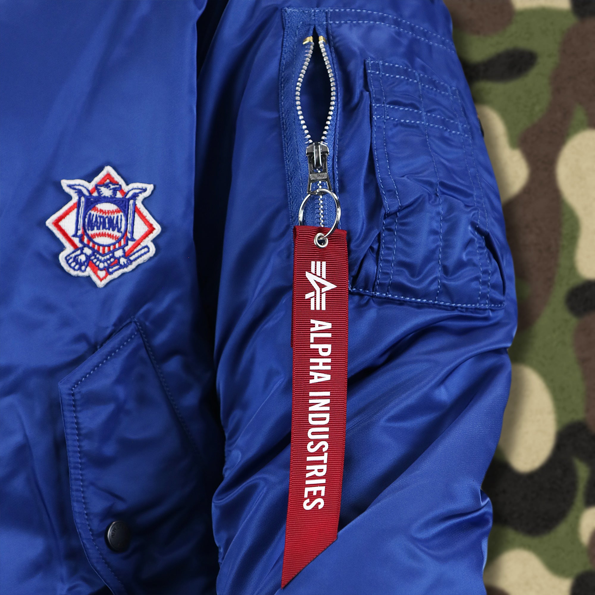 Cooperstown Brooklyn Dodgers MLB Patch Alpha Industries Reversible Bomber Jacket With Camo Liner | Royal Blue Bomber Jacket