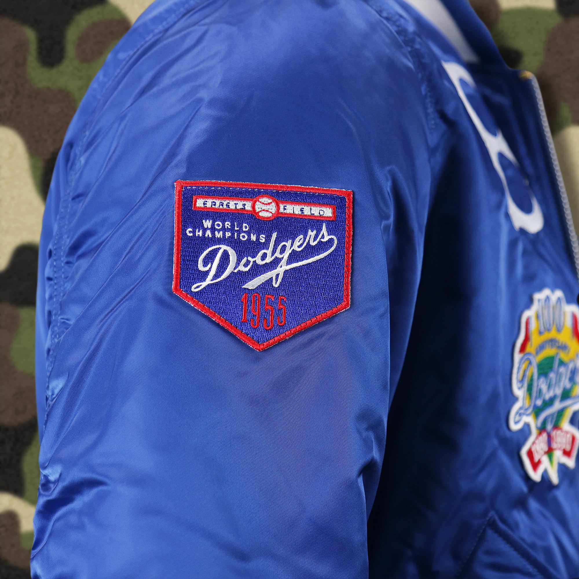 Cooperstown Brooklyn Dodgers MLB Patch Alpha Industries Reversible Bomber Jacket With Camo Liner | Royal Blue Bomber Jacket