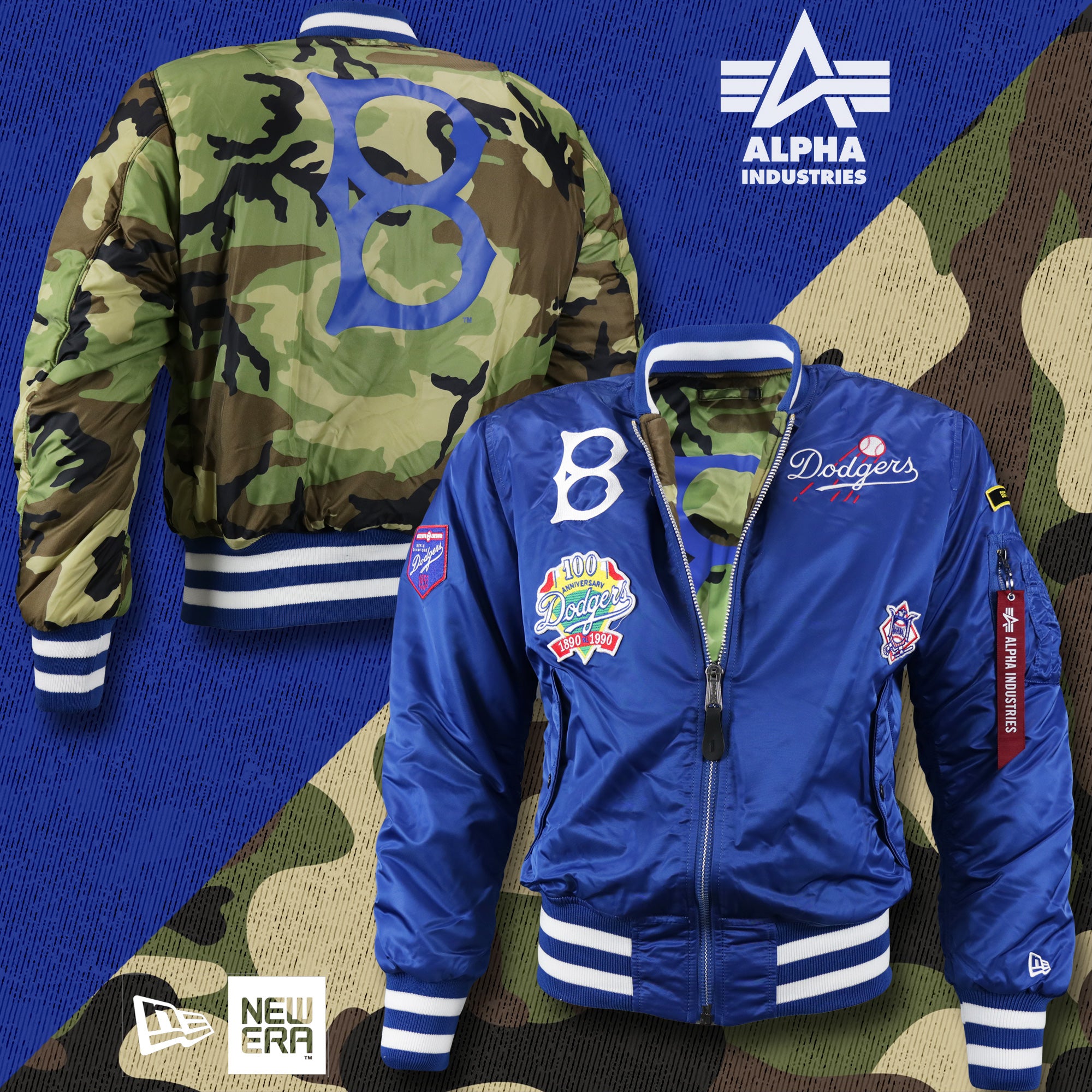 Cooperstown Brooklyn Dodgers MLB Patch Alpha Industries Reversible Bomber Jacket With Camo Liner | Royal Blue Bomber Jacket