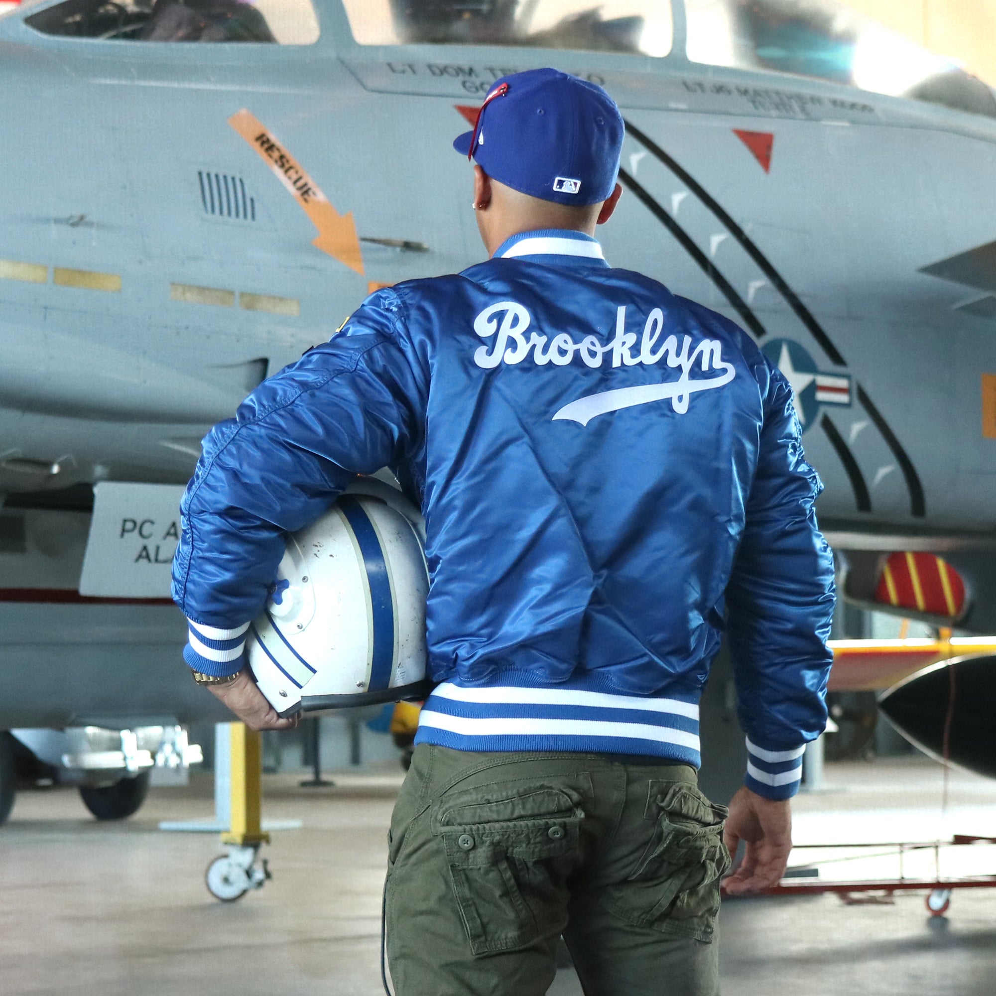 Cooperstown Brooklyn Dodgers MLB Patch Alpha Industries Reversible Bomber Jacket With Camo Liner | Royal Blue Bomber Jacket