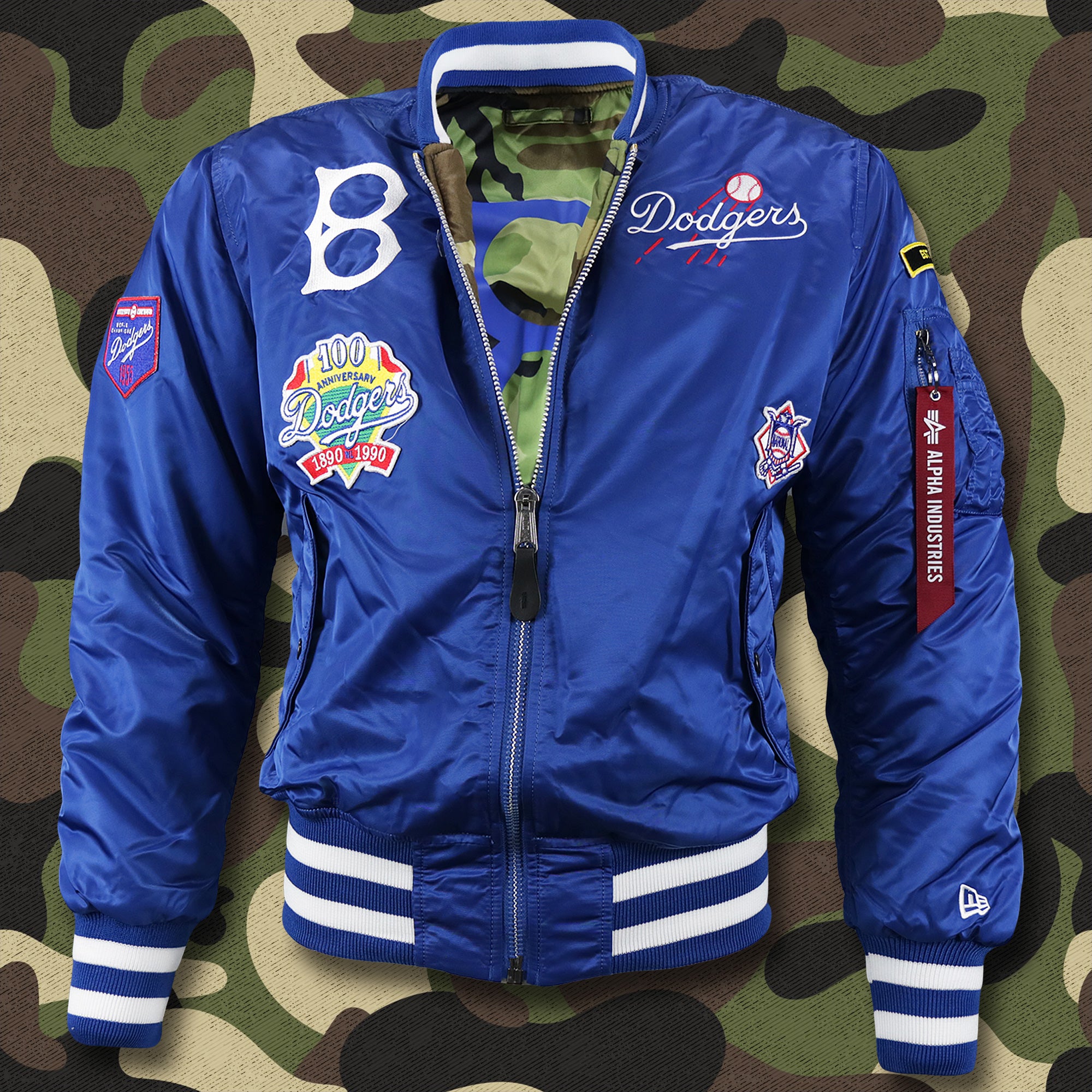 Cooperstown Brooklyn Dodgers MLB Patch Alpha Industries Reversible Bomber Jacket With Camo Liner | Royal Blue Bomber Jacket