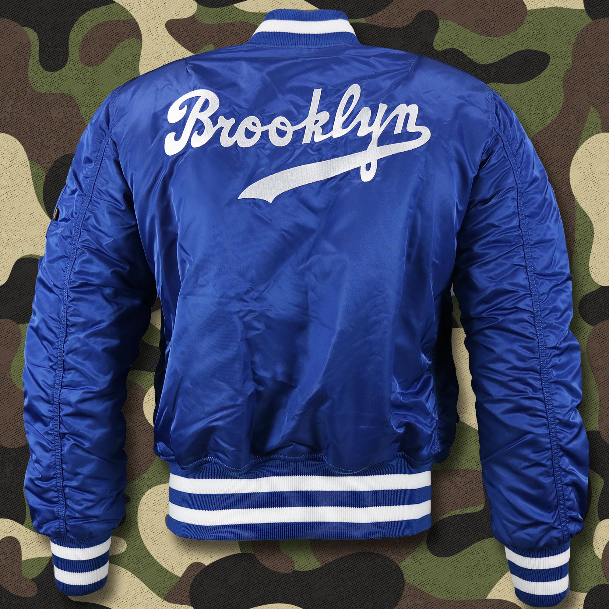 Cooperstown Brooklyn Dodgers MLB Patch Alpha Industries Reversible Bomber Jacket With Camo Liner | Royal Blue Bomber Jacket