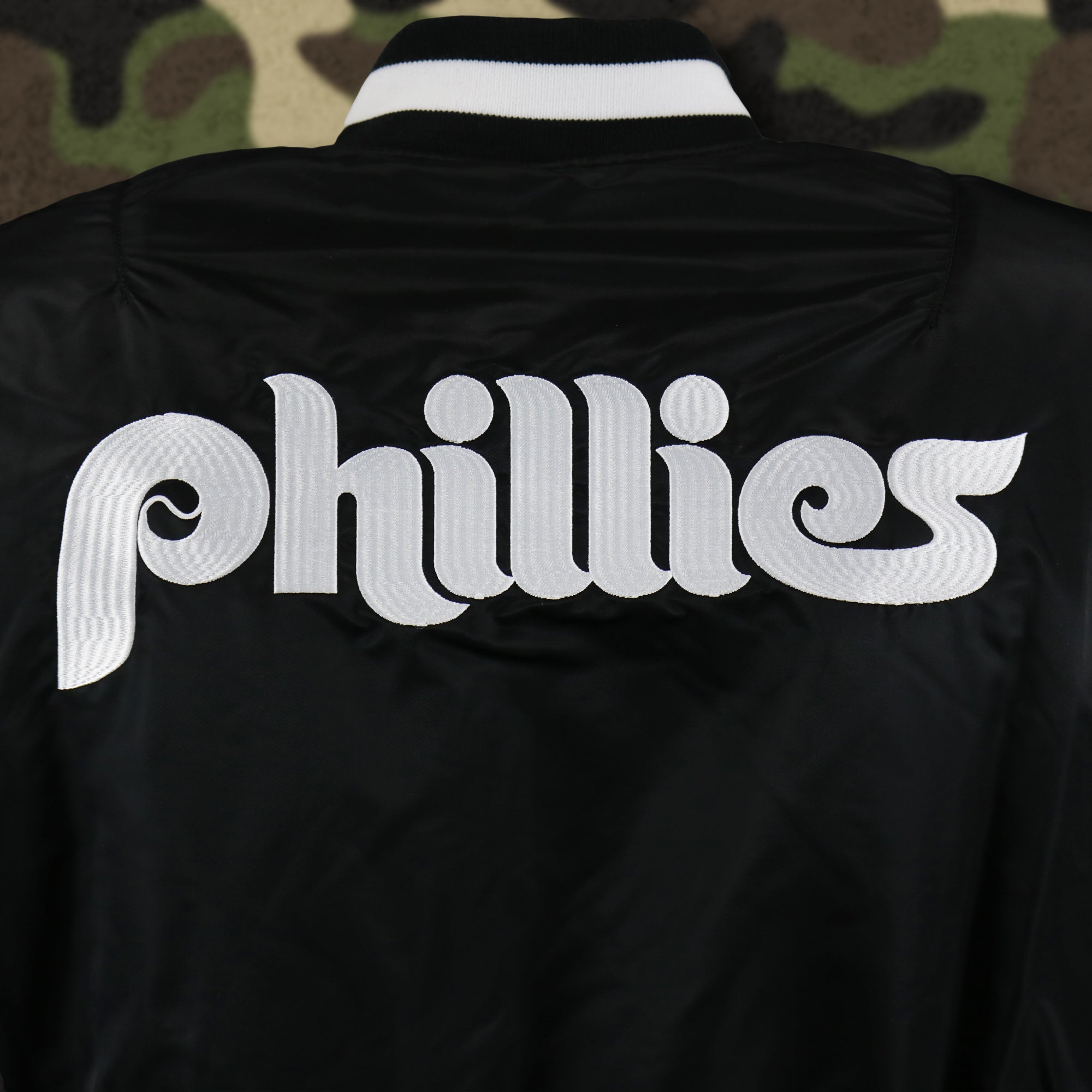 Cooperstown Philadelphia Phillies MLB Patch Alpha Industries Reversible Bomber Jacket With Camo Liner | Black Bomber Jacket