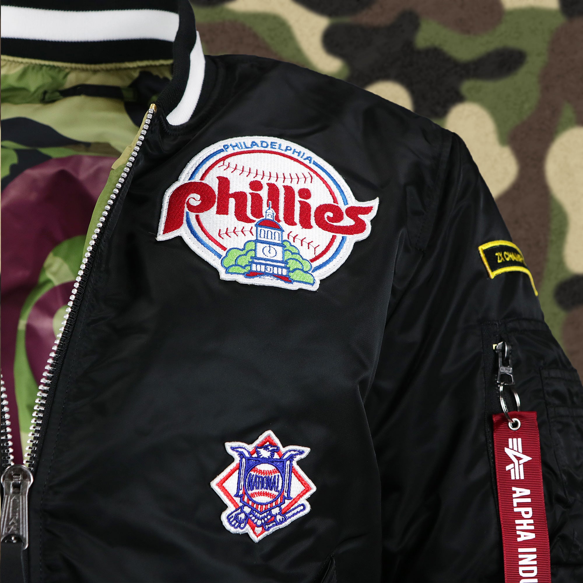 Cooperstown Philadelphia Phillies MLB Patch Alpha Industries Reversible Bomber Jacket With Camo Liner | Black Bomber Jacket