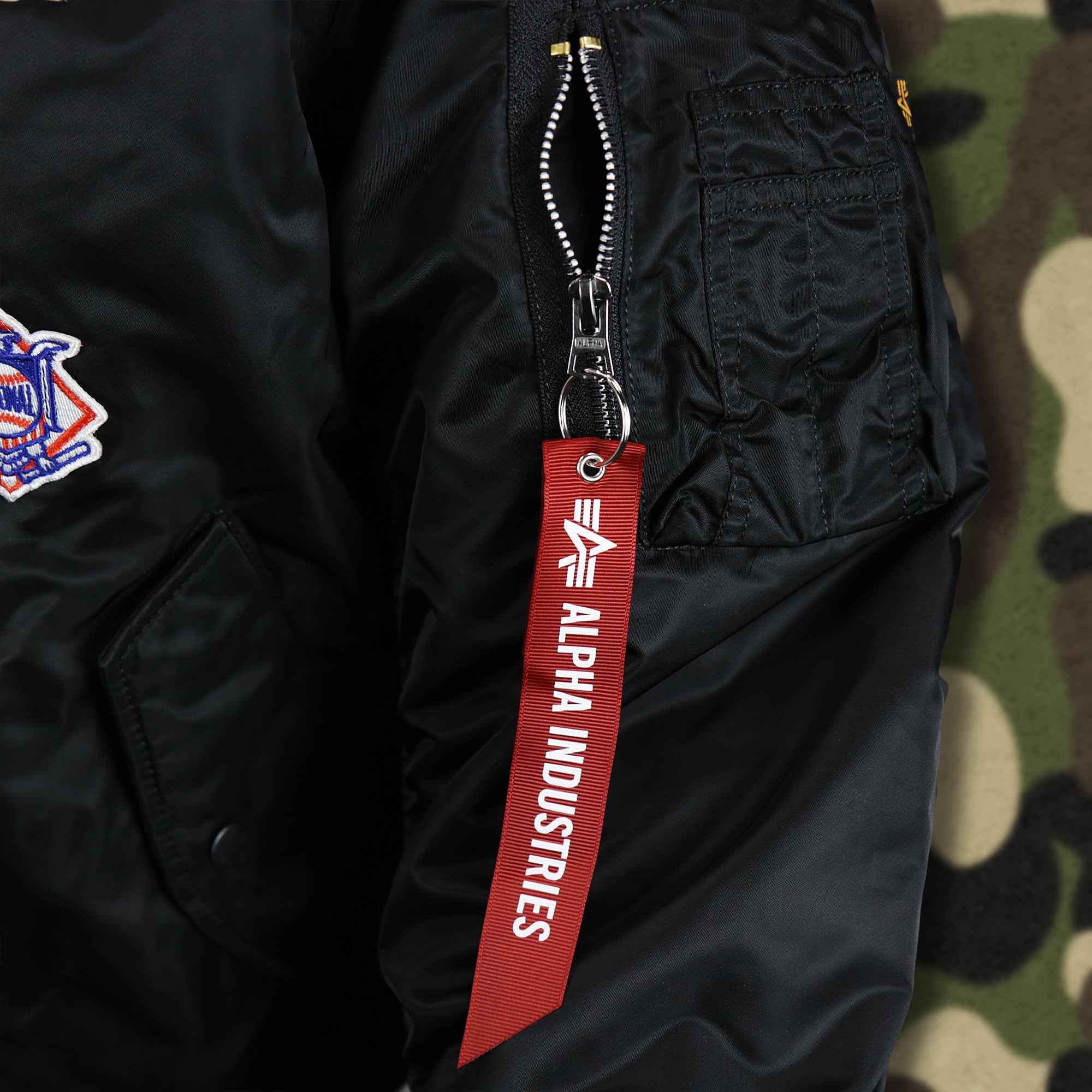 Cooperstown Philadelphia Phillies MLB Patch Alpha Industries Reversible Bomber Jacket With Camo Liner | Black Bomber Jacket