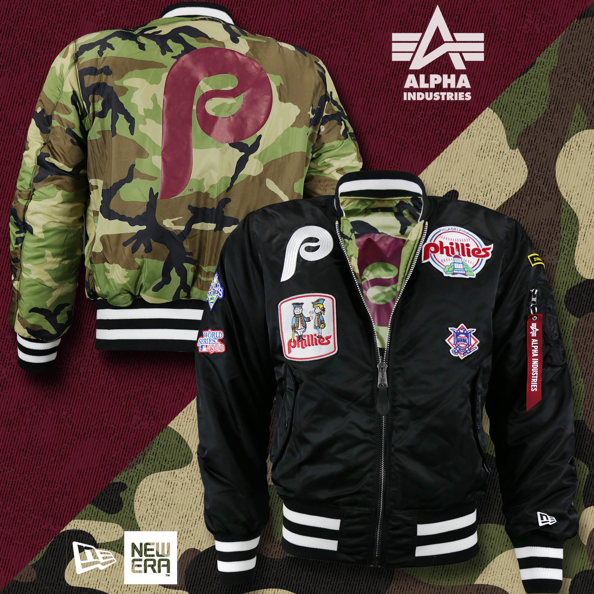 Cooperstown Philadelphia Phillies MLB Patch Alpha Industries Reversible Bomber Jacket With Camo Liner | Black Bomber Jacket