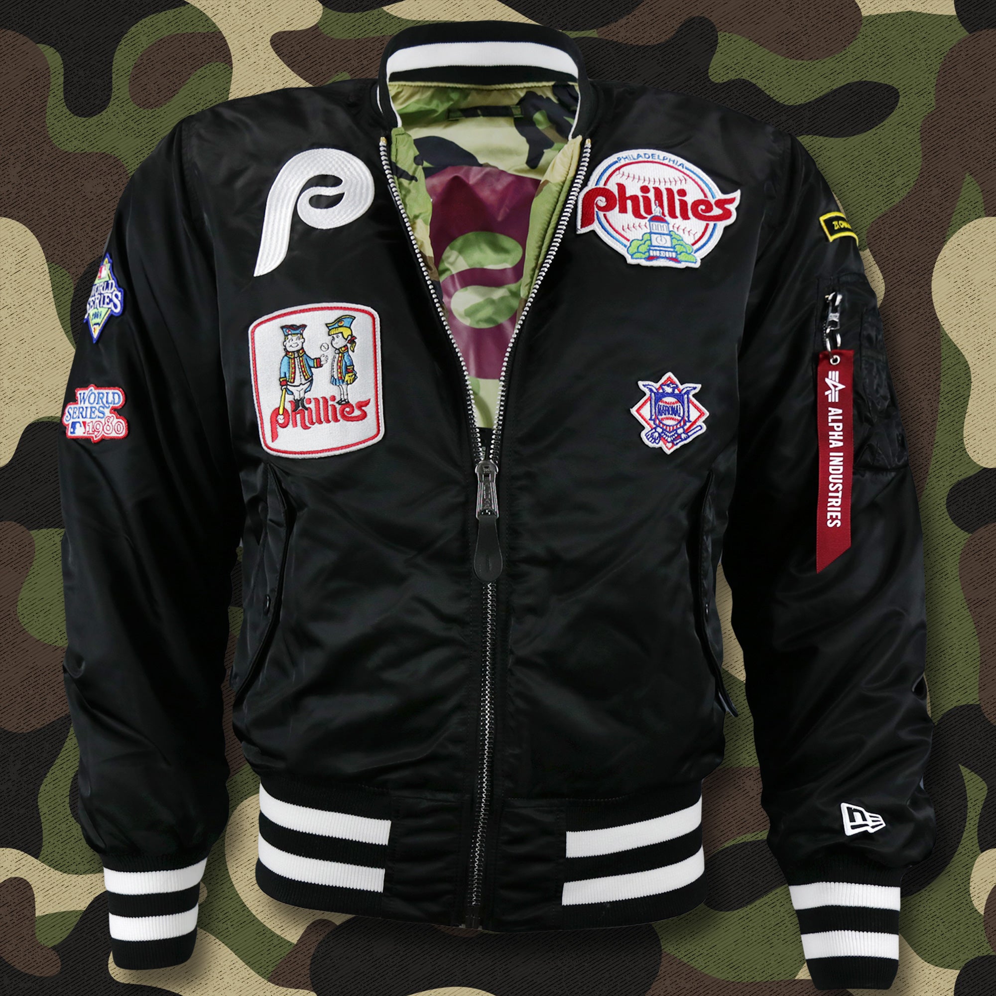 Cooperstown Philadelphia Phillies MLB Patch Alpha Industries Reversible Bomber Jacket With Camo Liner | Black Bomber Jacket