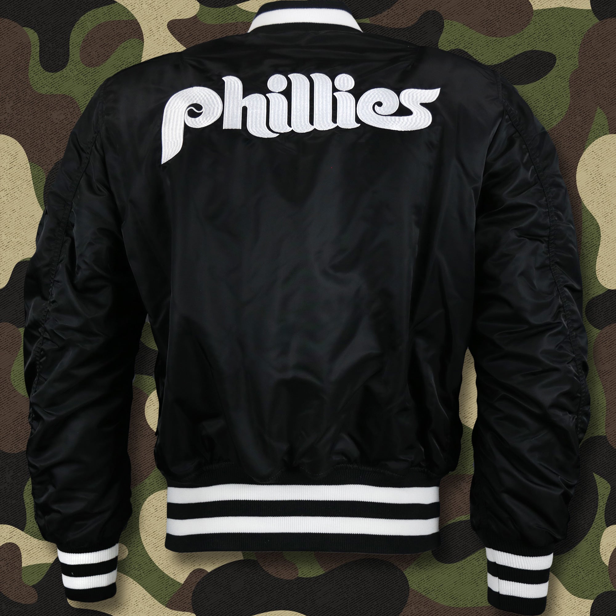 Cooperstown Philadelphia Phillies MLB Patch Alpha Industries Reversible Bomber Jacket With Camo Liner | Black Bomber Jacket