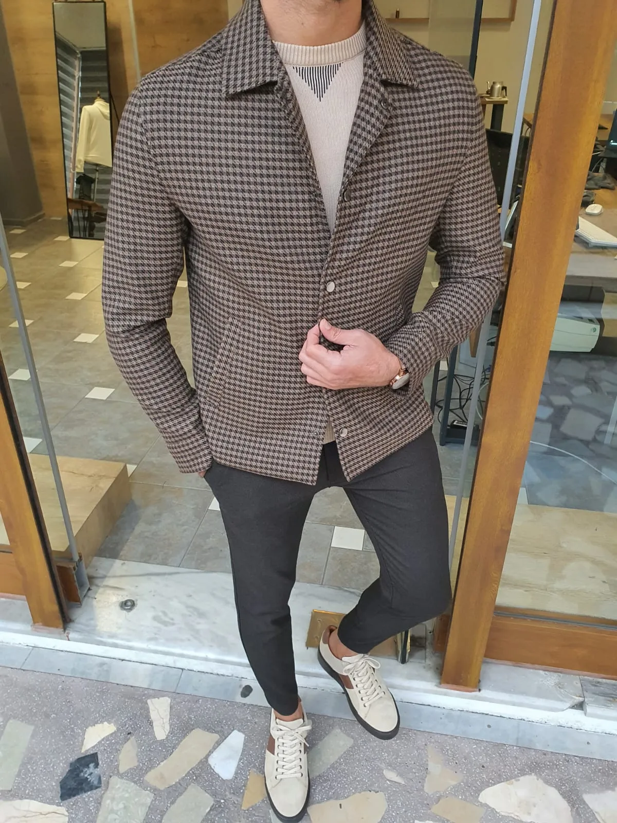 Eros Brown Slim Fit Plaid Jacket