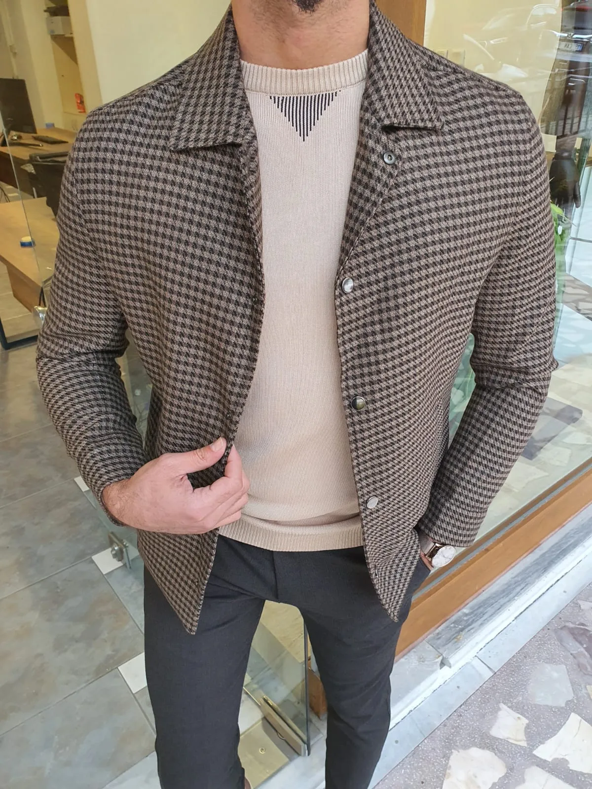 Eros Brown Slim Fit Plaid Jacket