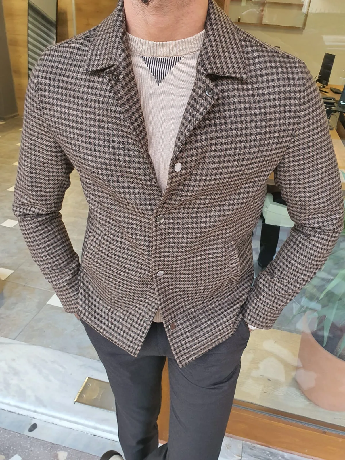 Eros Brown Slim Fit Plaid Jacket