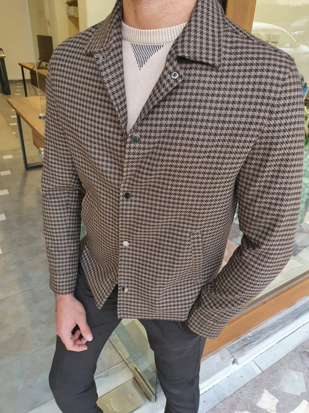 Eros Brown Slim Fit Plaid Jacket