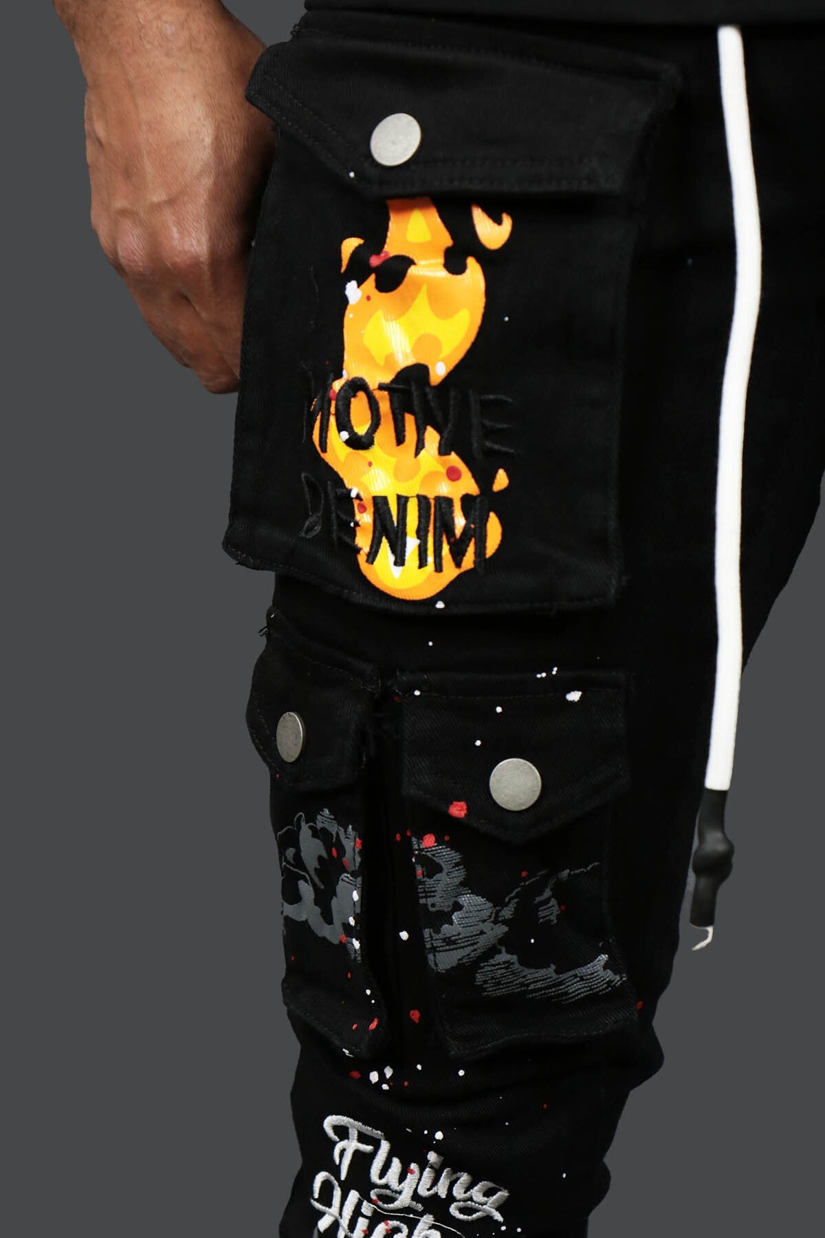 Fly High Custom Painted Cargo Denim Pants Motive Denim | Black |