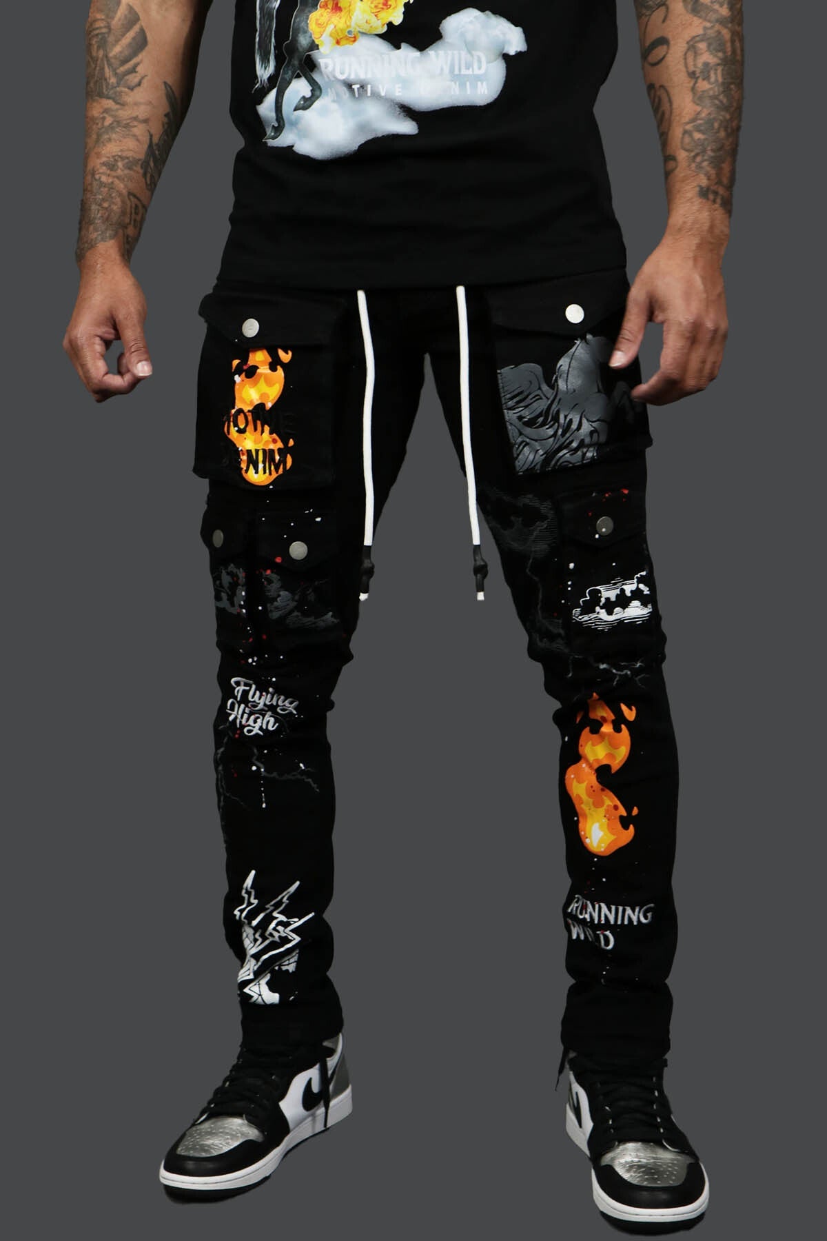 Fly High Custom Painted Cargo Denim Pants Motive Denim | Black |