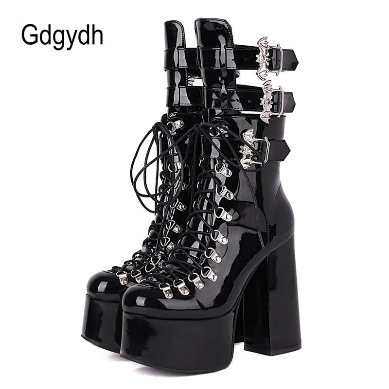 Gothic Style Black Platform Boots Mid Calf Ankel Buckle Strap