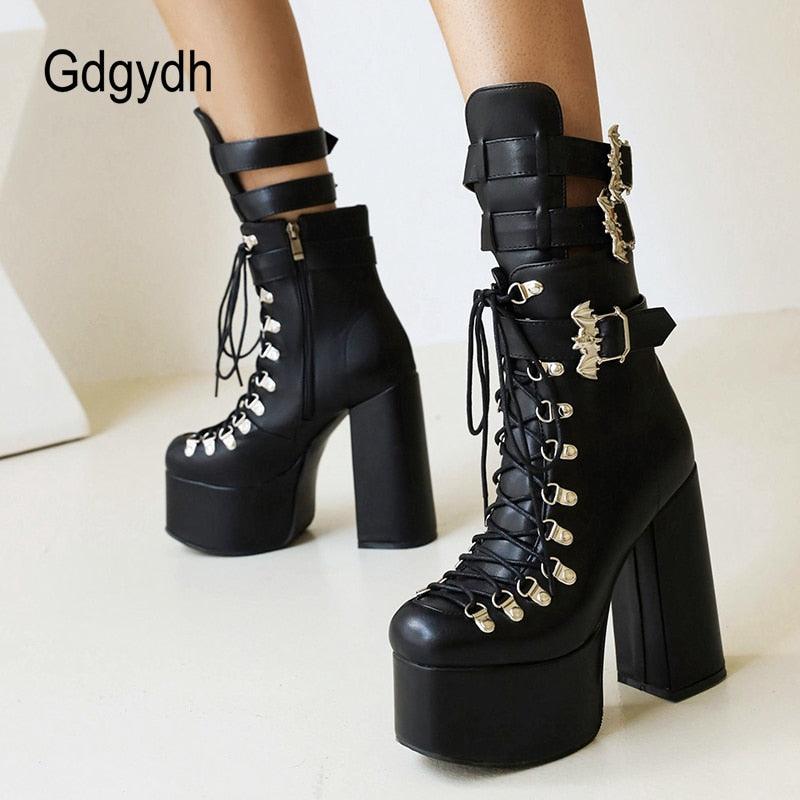 Gothic Style Black Platform Boots Mid Calf Ankel Buckle Strap