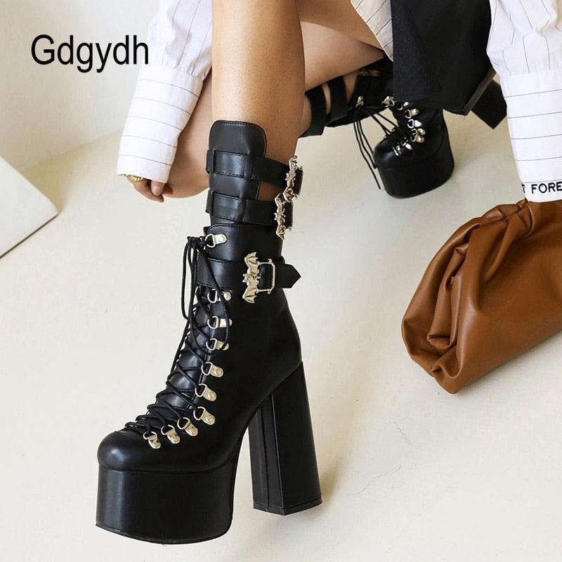 Gothic Style Black Platform Boots Mid Calf Ankel Buckle Strap