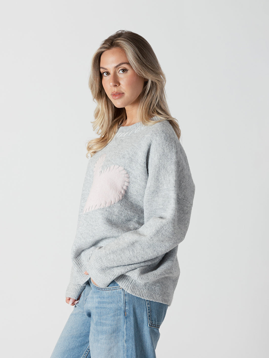 Heart Patch Sweater - Light Grey/Pink