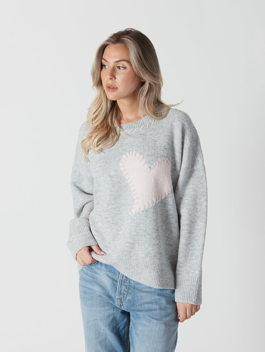 Heart Patch Sweater - Light Grey/Pink