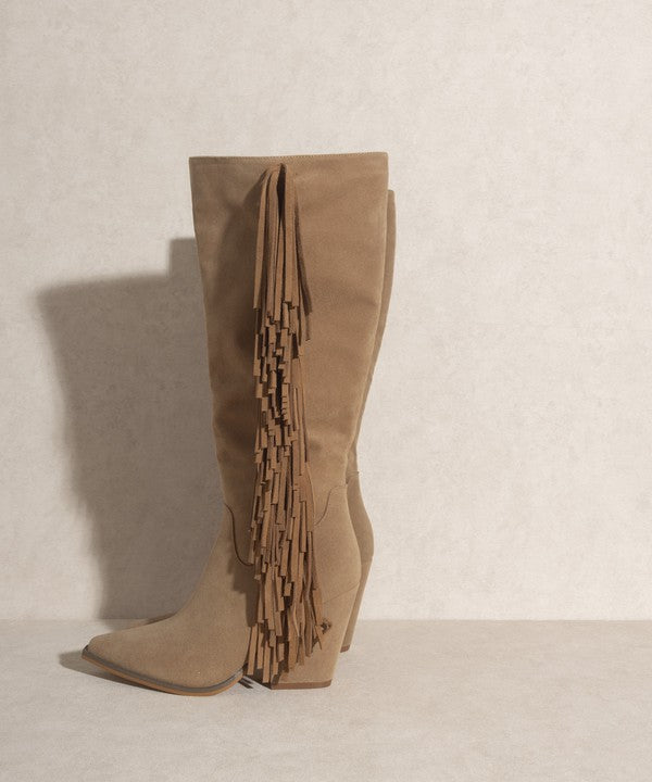 Khaki Bohemian Knee High Fringe Boots