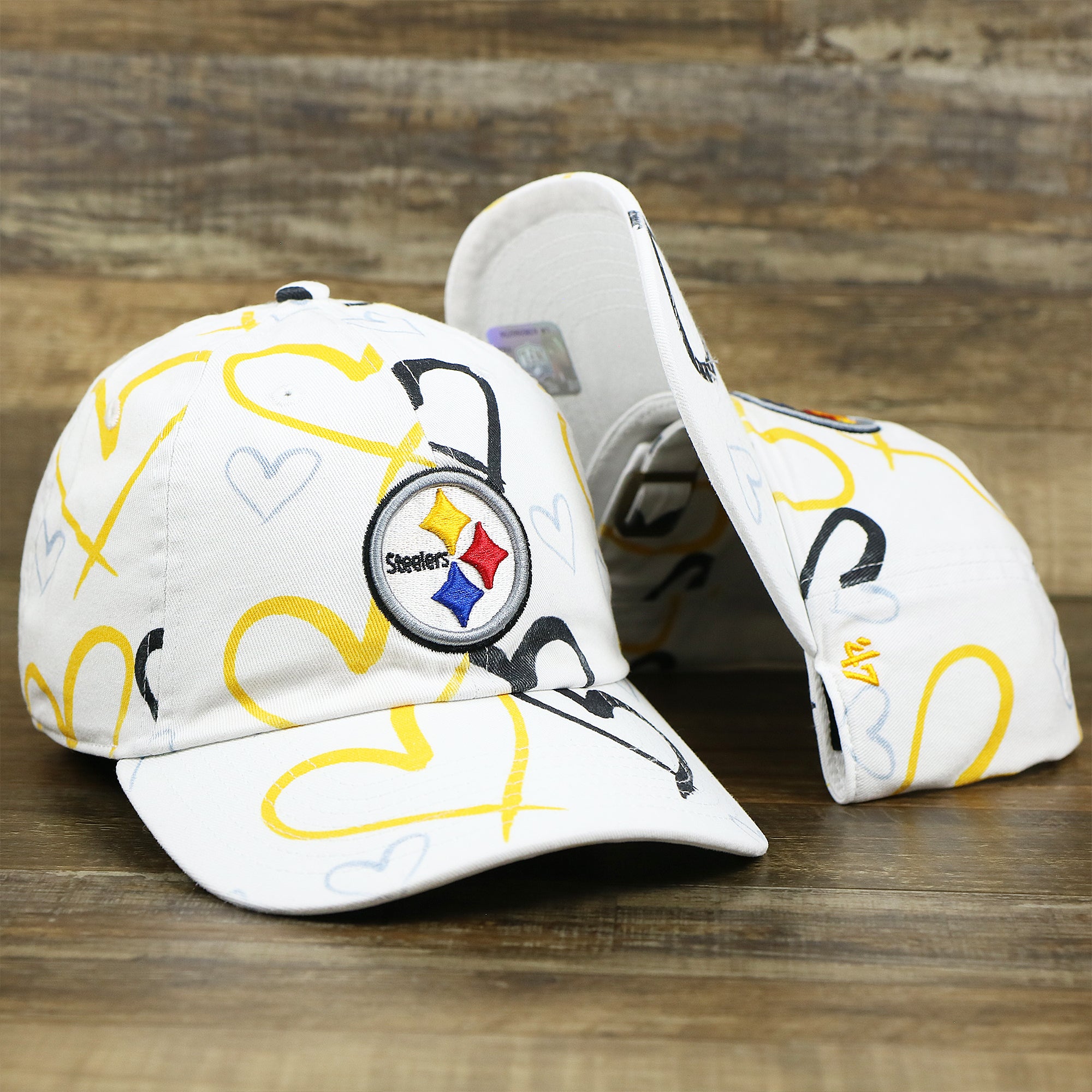 Kids Pittsburgh Steelers Hearts All Over Print Dad Hat | White Kid’s Dad Hat