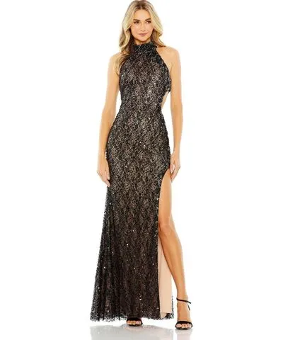 Mac Duggal Women's Side Cut Out High Neck Sequin Gown