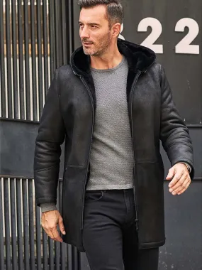 Men's Black B3 Shearling Leather Jacket with Hood